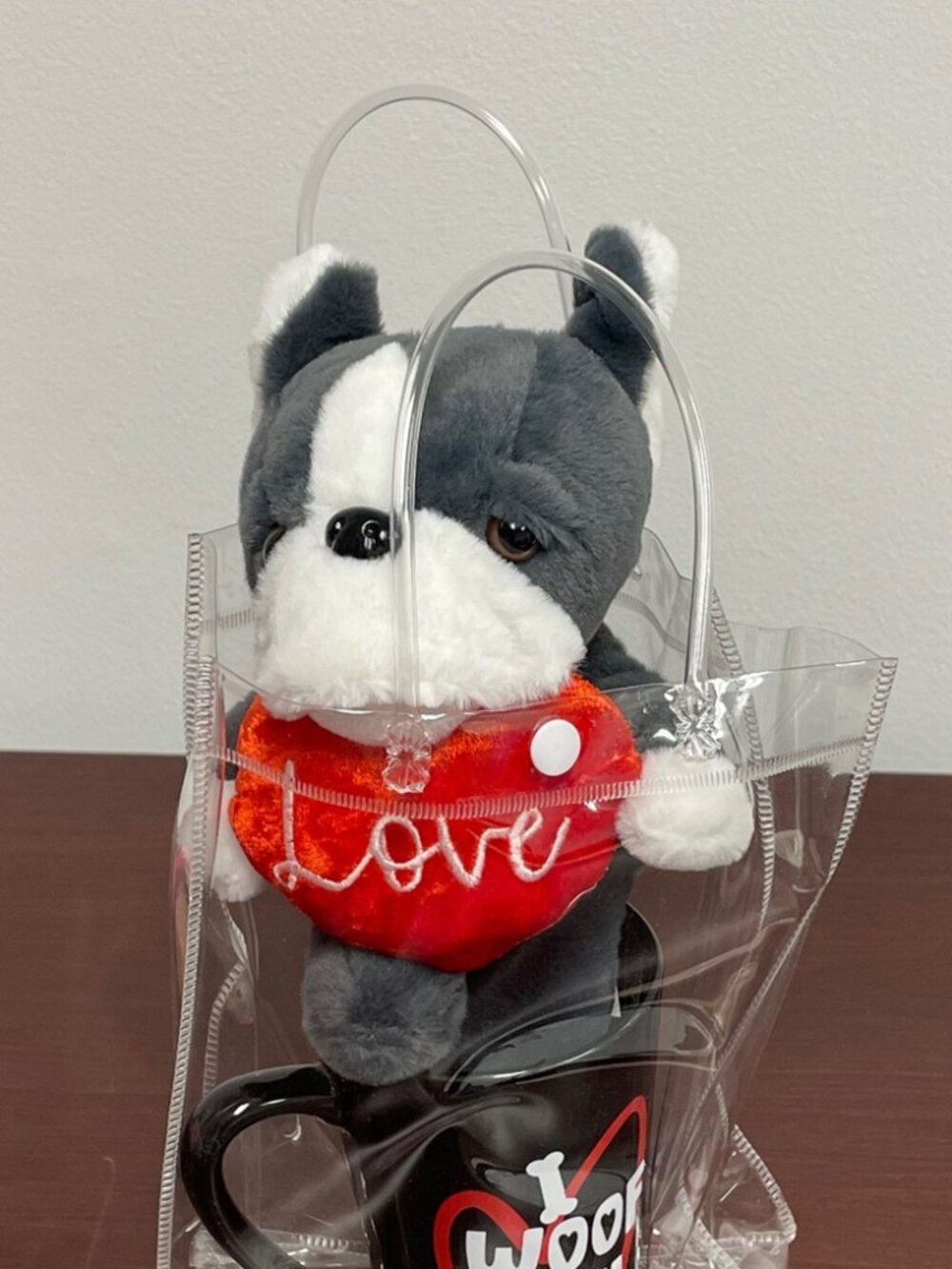 Unbranded Coffee Mug, Stuff Puppy, and Clear Bag - "I WOOF YOU" - NEW